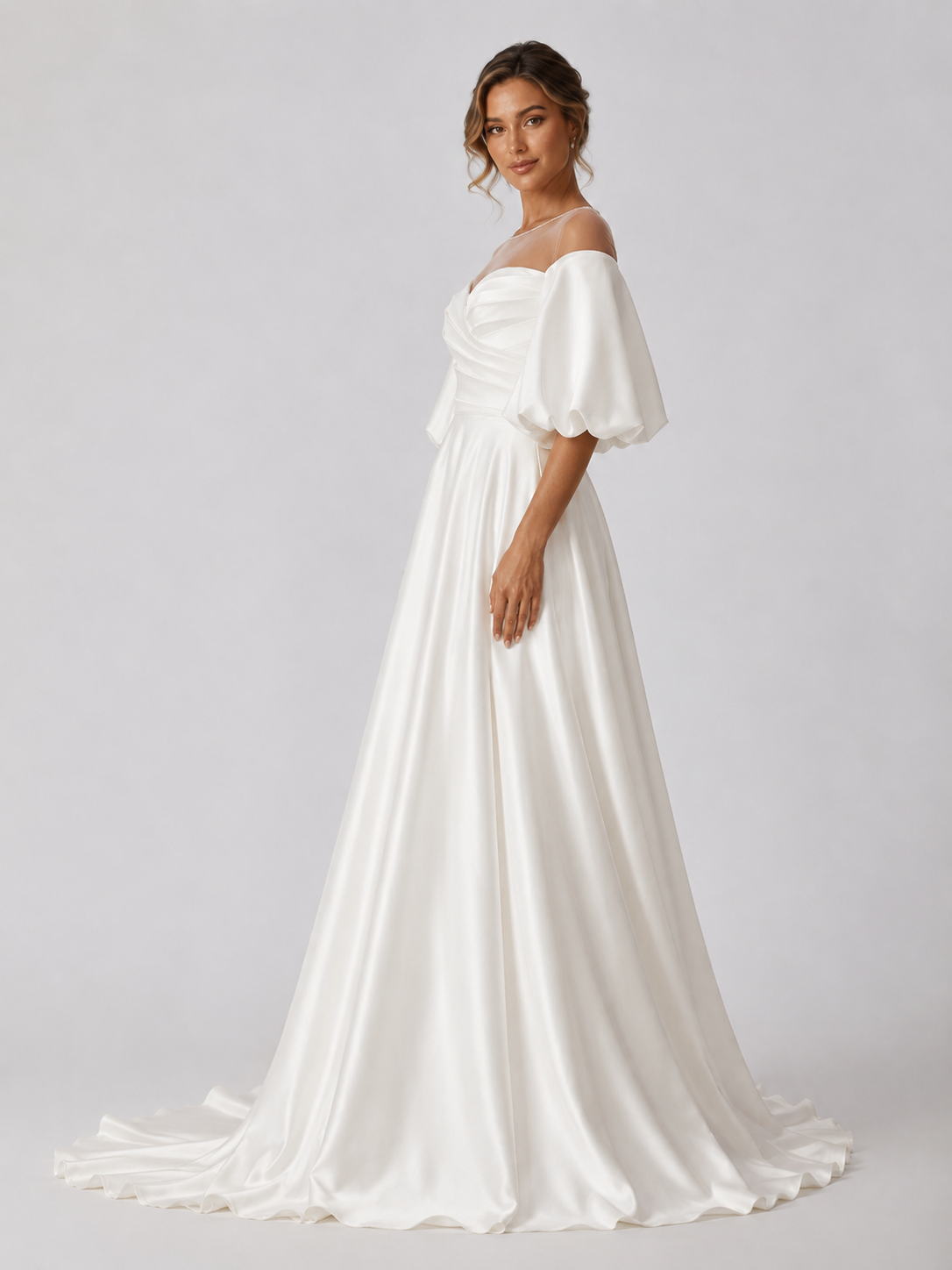 Elegant Off-the-Shoulder Ruched Satin A-Line Wedding Dress with Puff Sleeves and Sweep Train
