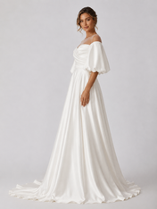 Elegant Off-the-Shoulder Ruched Satin A-Line Wedding Dress with Puff Sleeves and Sweep Train
