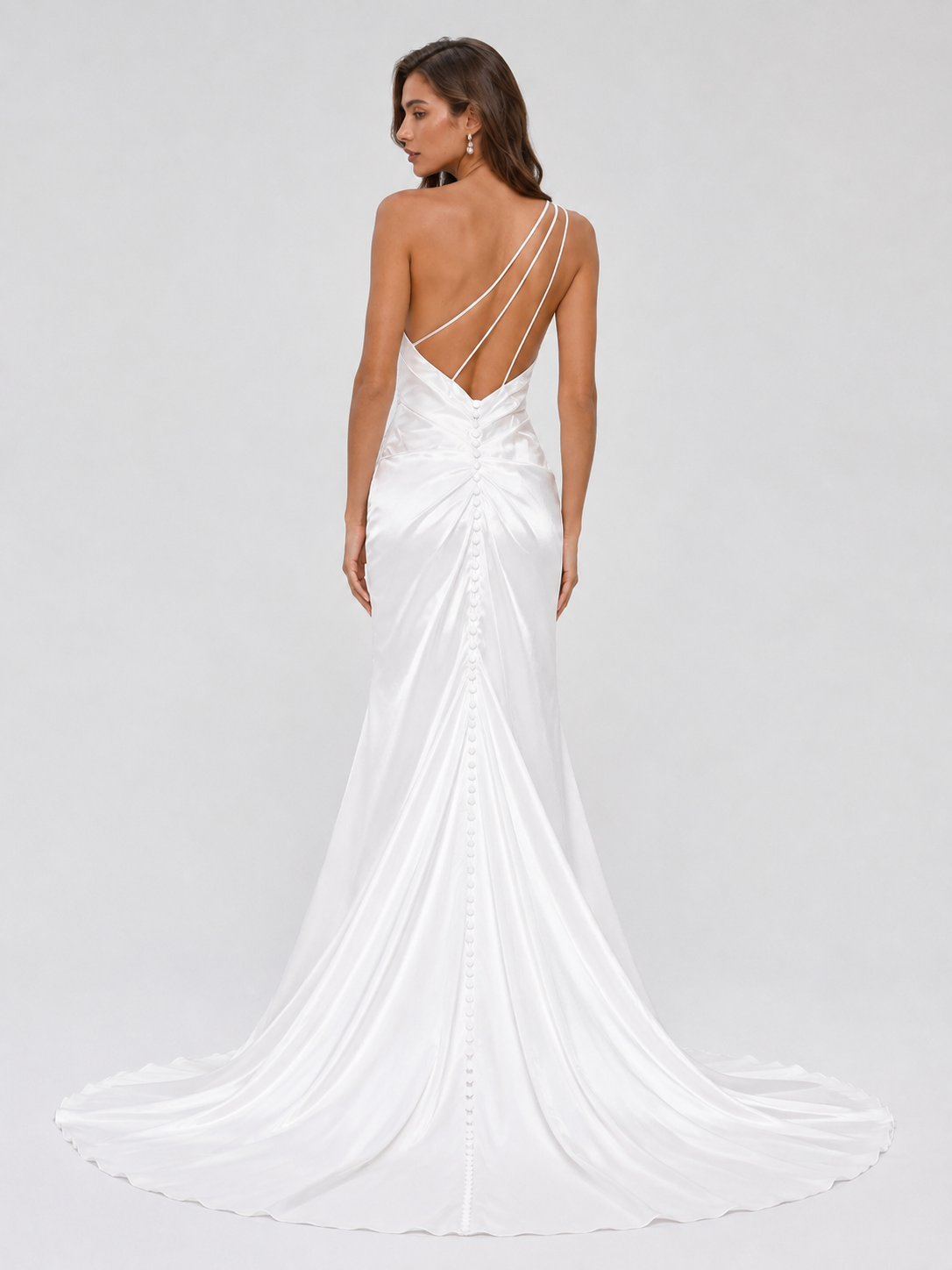 Elegant One-Shoulder Ruched Satin Sheath Wedding Dress with High Slit and Chapel Train