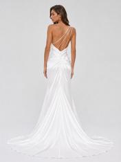 Elegant One-Shoulder Ruched Satin Sheath Wedding Dress with High Slit and Chapel Train