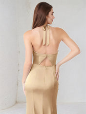 Champagne Satin Spaghetti Straps Sleeveless Floor Length Dress With High Slit