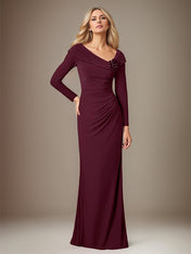 Cabernet Satin Asymmetrical Neck Long Sleeves Floor Length Dress With 3D Flower