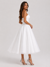 Elegant Strapless Ruched Satin A-Line Midi Wedding Dress