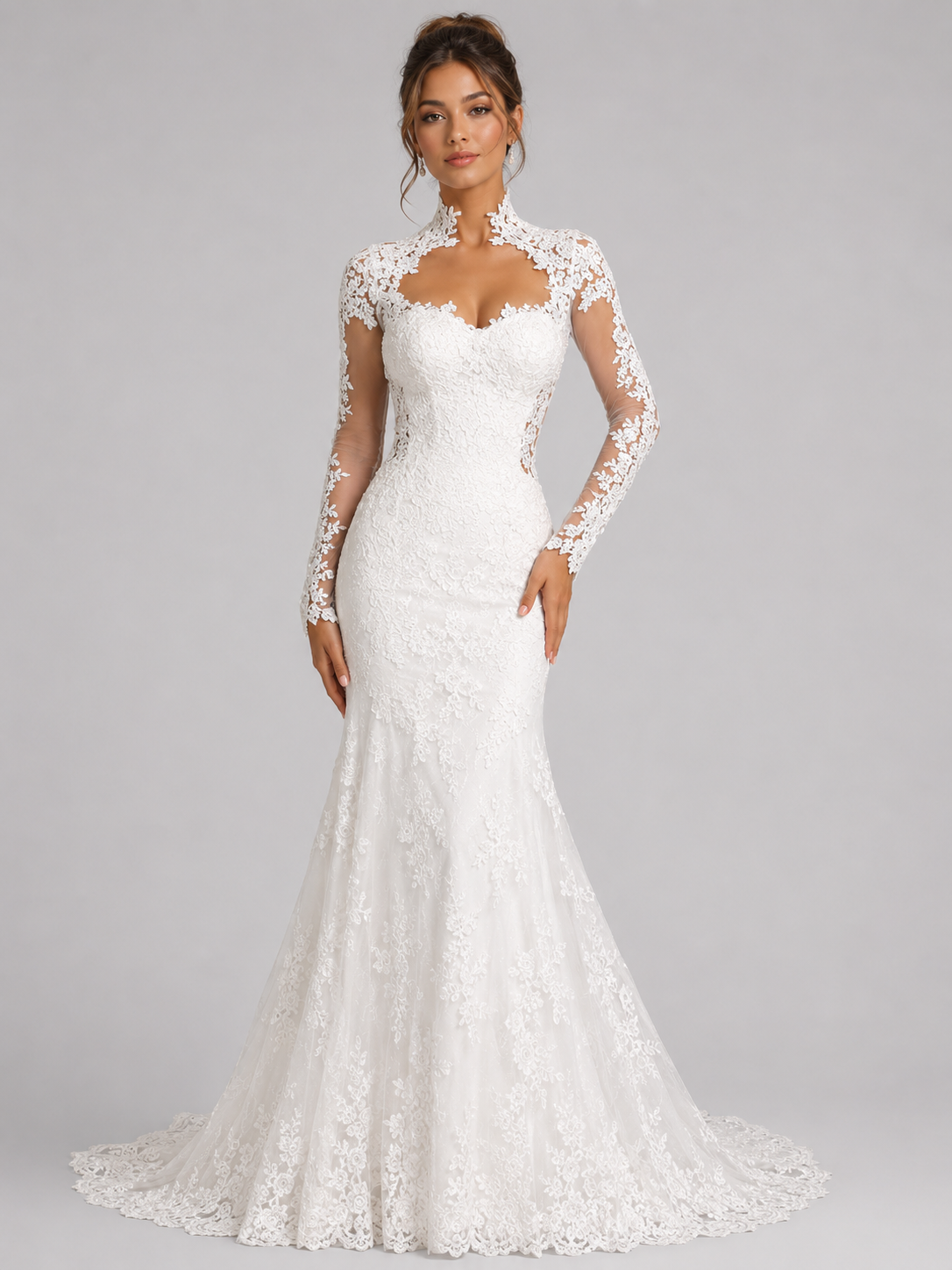 Elegant High Neck Long Sleeve Lace Mermaid Wedding Dress with Chapel Train