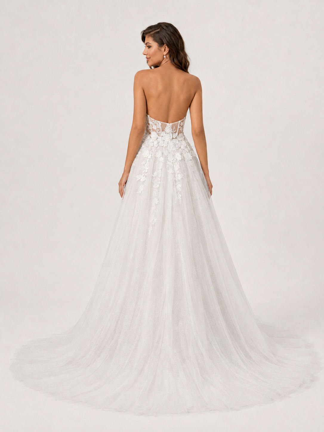 Elegant Strapless 3D Floral Appliquéd Tulle A-Line Wedding Dress with High Slit and Chapel Train