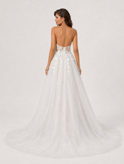 Elegant Strapless 3D Floral Appliquéd Tulle A-Line Wedding Dress with High Slit and Chapel Train