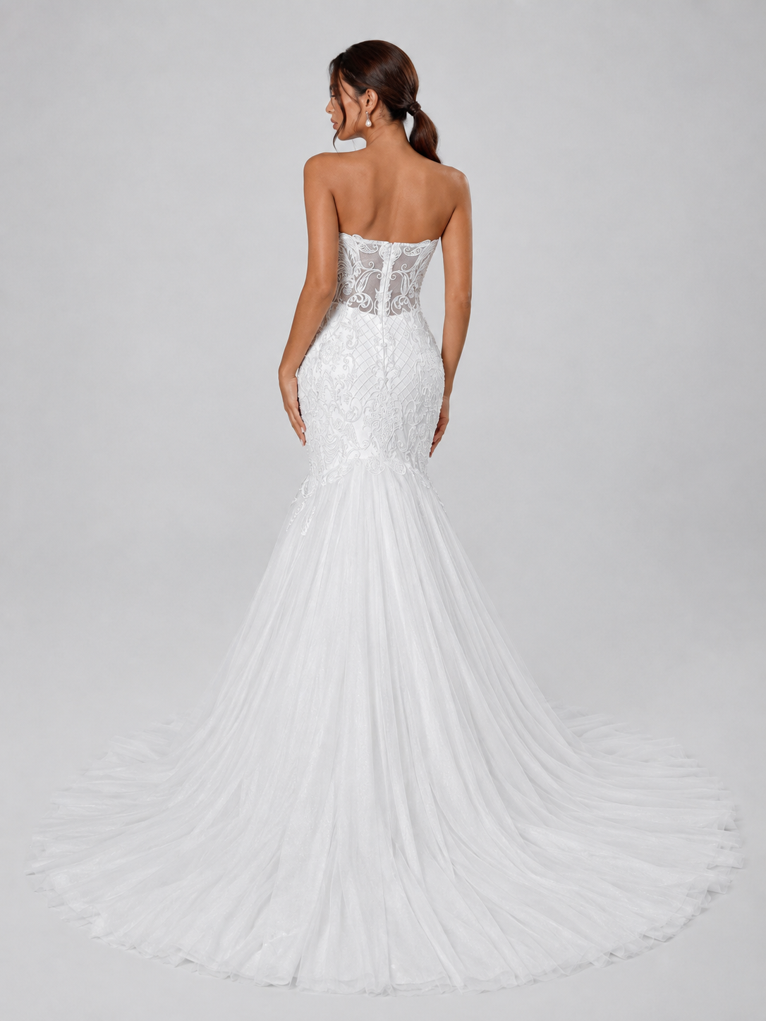 Elegant Strapless Sheer Corset Lace Mermaid Wedding Dress with Chapel Train