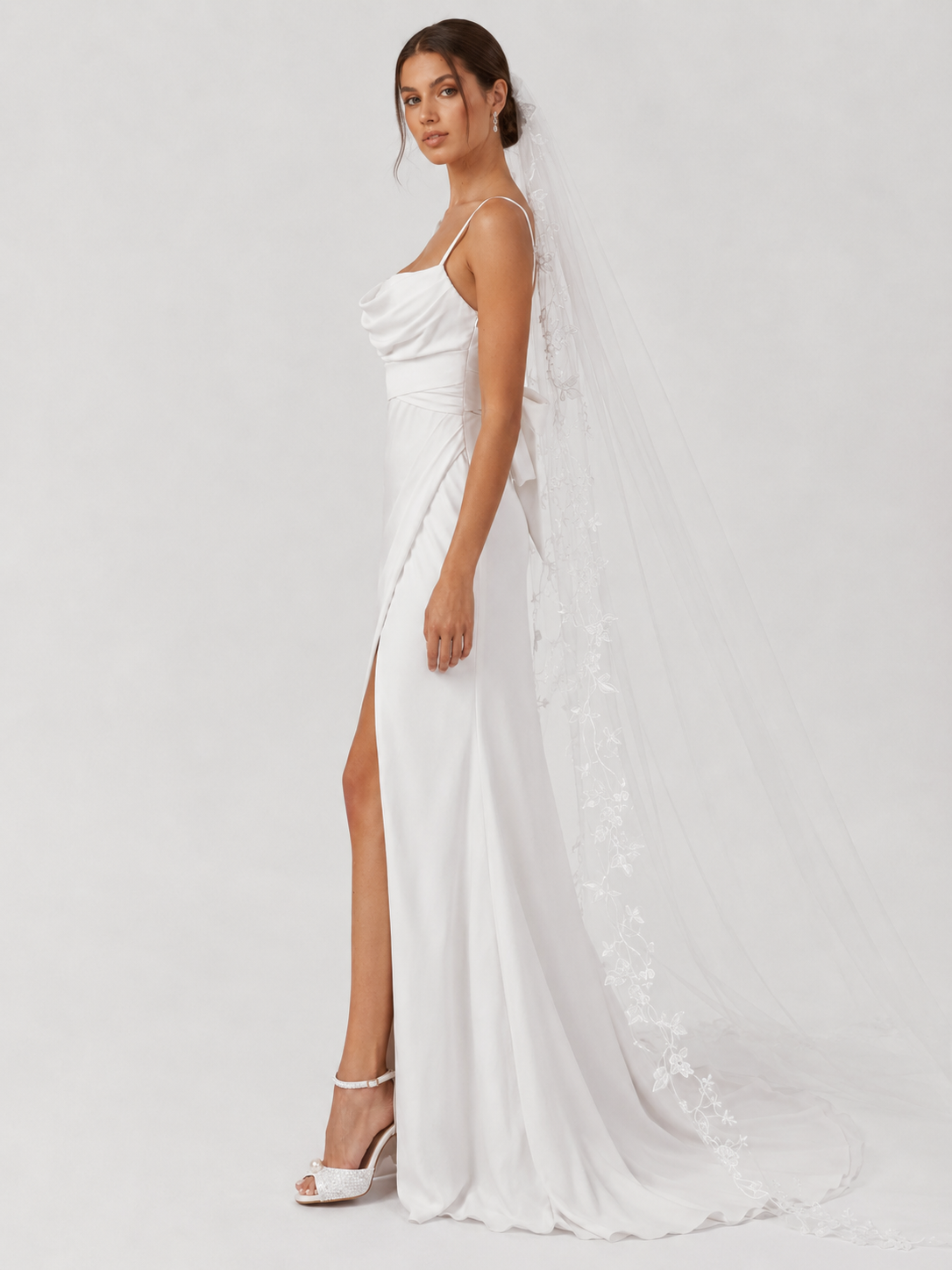 Elegant Cowl Neck Satin Sheath Wedding Dress with Bow Back, High Slit, and Sweep Train