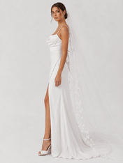 Elegant Cowl Neck Satin Sheath Wedding Dress with Bow Back, High Slit, and Sweep Train