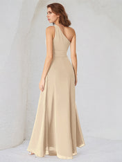 Champagne A Line Chiffon One Shoulder Sleeveless Floor Length Bridesmaid Dresses