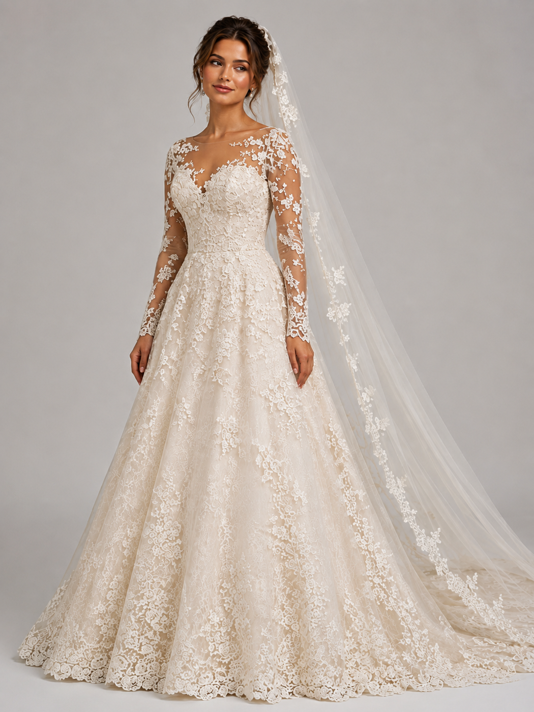 Elegant Illusion Long-Sleeve Lace Applique A-Line Wedding Dress with Chapel Train