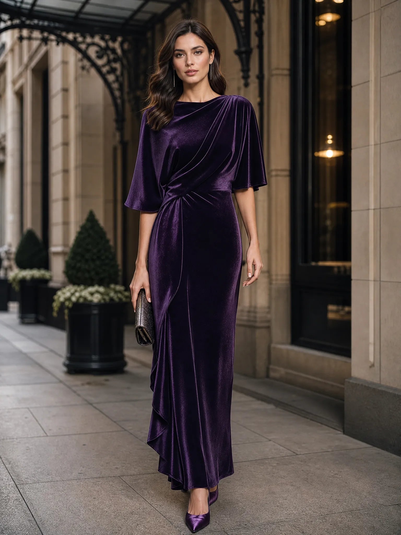 Deep Purple Draped Boat Neck Velvet Evening Dress with Side Ruffle
