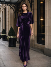 Deep Purple Draped Boat Neck Velvet Evening Dress with Side Ruffle