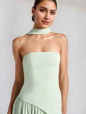 Elegant Mint Green Strapless Pleated Maxi Dress With Slit