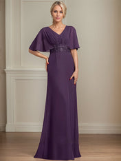 A-Line V-Neck Floor-Length Chiffon Mother of the Bride Dress With Appliques Pleated