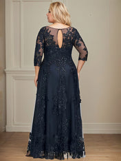 A-line Scoop Illusion Floor-Length Tulle Lace Mother of the Bride Dress With Sequins