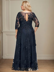 A-line Scoop Illusion Floor-Length Tulle Lace Mother of the Bride Dress With Sequins