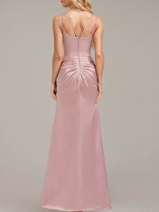 Dusty Rose Trumpet/Mermaid Spaghetti Straps Floor-Length Satin Bridesmaid Dress With Ruched