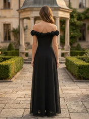 Off-the-Shoulder Rosette Trim A-Line Gown Bridesmaid Dress