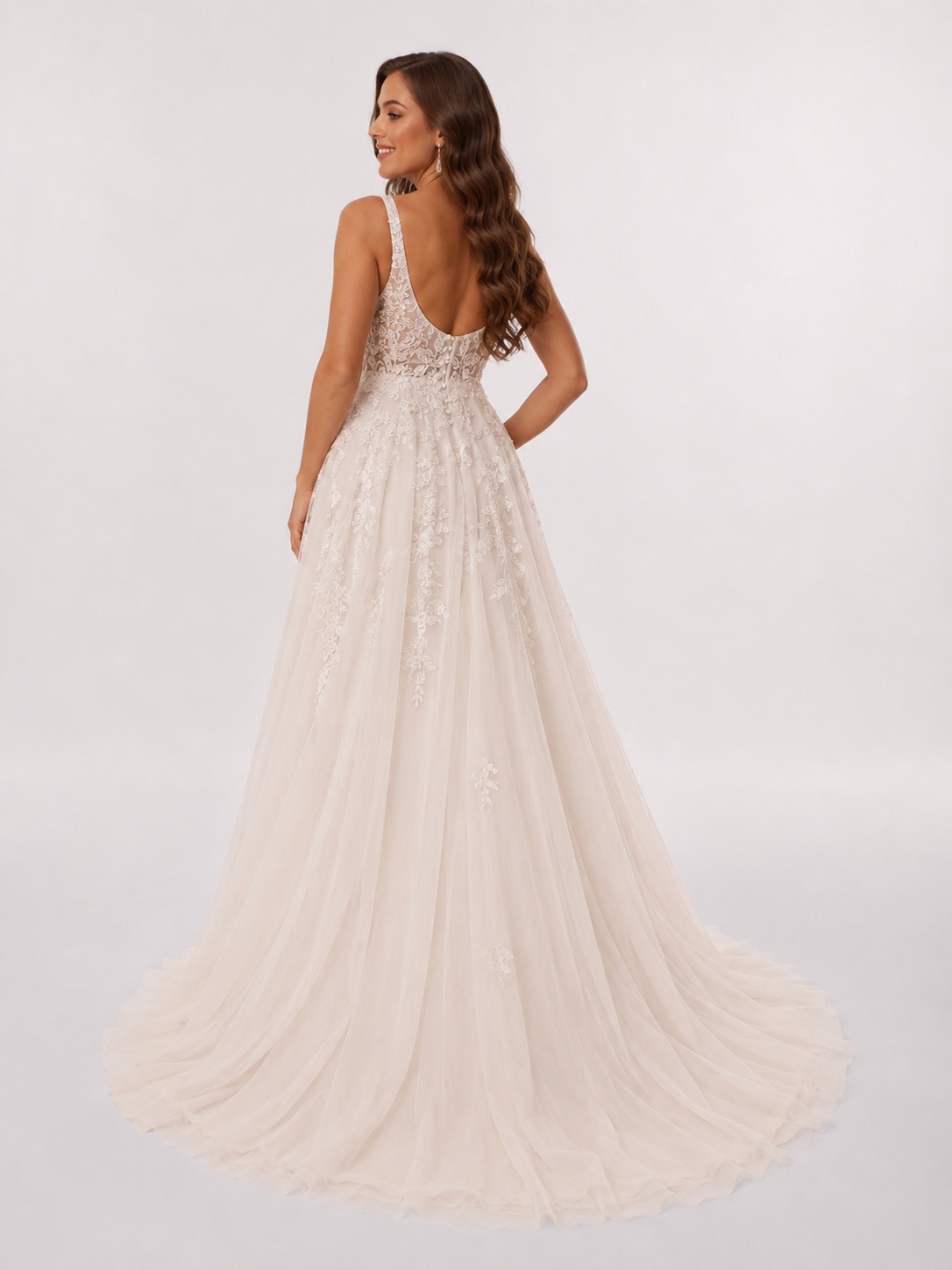 Elegant V-Neck Lace Applique Tulle A-Line Wedding Dress with Chapel Train