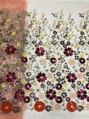 Burgundy Multi-Color Floral Sequin Lace Long Sleeve Floor-Length Gown Dress