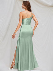 Agave Satin A Line One Shoulder Sleeveless Floor Length Bridesmaid Dress