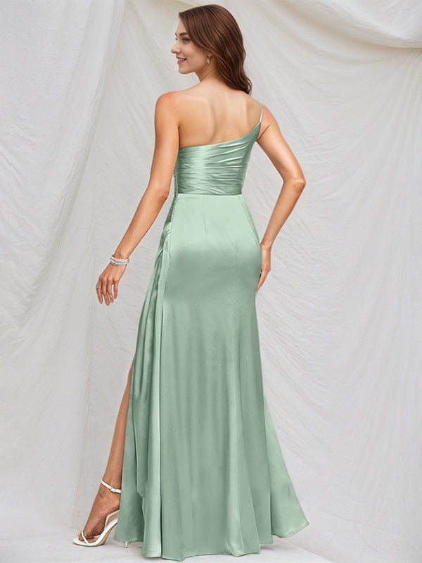 Dreamylily Women Agave Satin A Line One Shoulder Sleeveless Floor Length Bridesmaid Dress Dreamylily Women Agave Satin A Line One Shoulder Sleeveless Floor Length Bridesmaid Dress