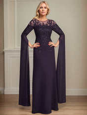Sheath/Column Scoop 1/2 Sleeve Floor-Length Lace Chiffon Mother of the Bride Dress With Sequins