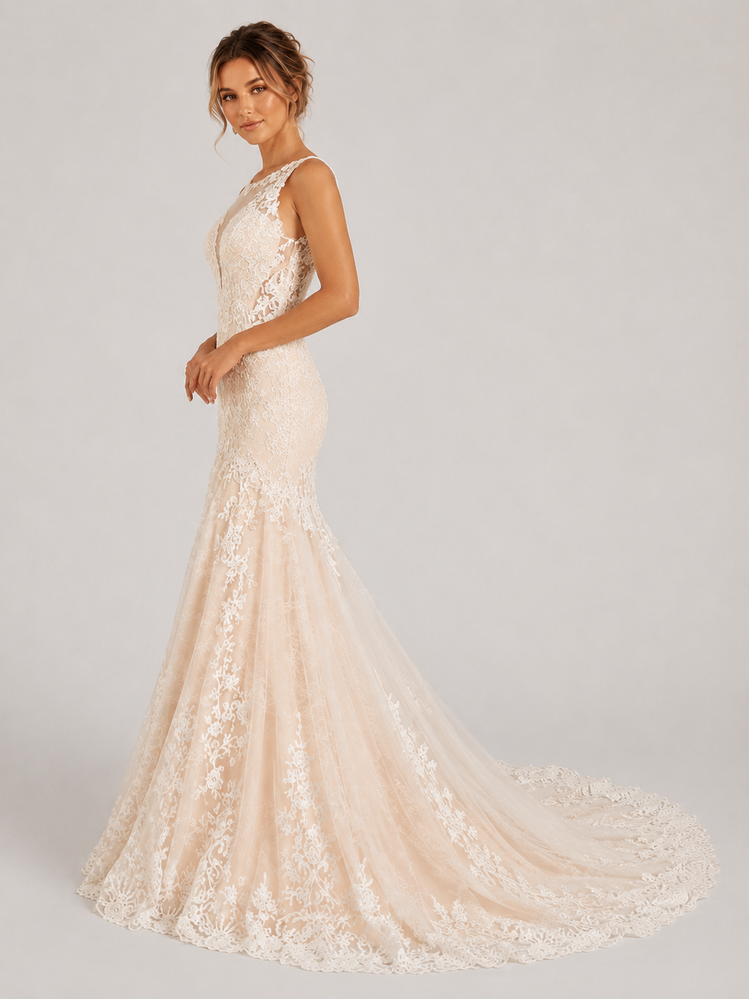 Elegant Illusion High-Neck Lace Mermaid Wedding Dress with Sweep Train