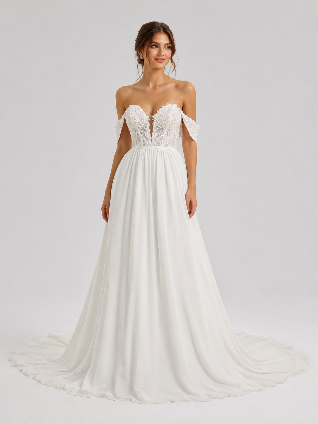 Elegant Off-the-Shoulder Lace Bodice Chiffon A-Line Wedding Dress with Chapel Train