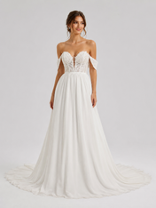 Elegant Off-the-Shoulder Lace Bodice Chiffon A-Line Wedding Dress with Chapel Train