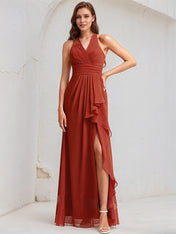 Vermilion Satin A Line V Neck Sleeveless Floor Length Bridesmaid Dress With Ruffle