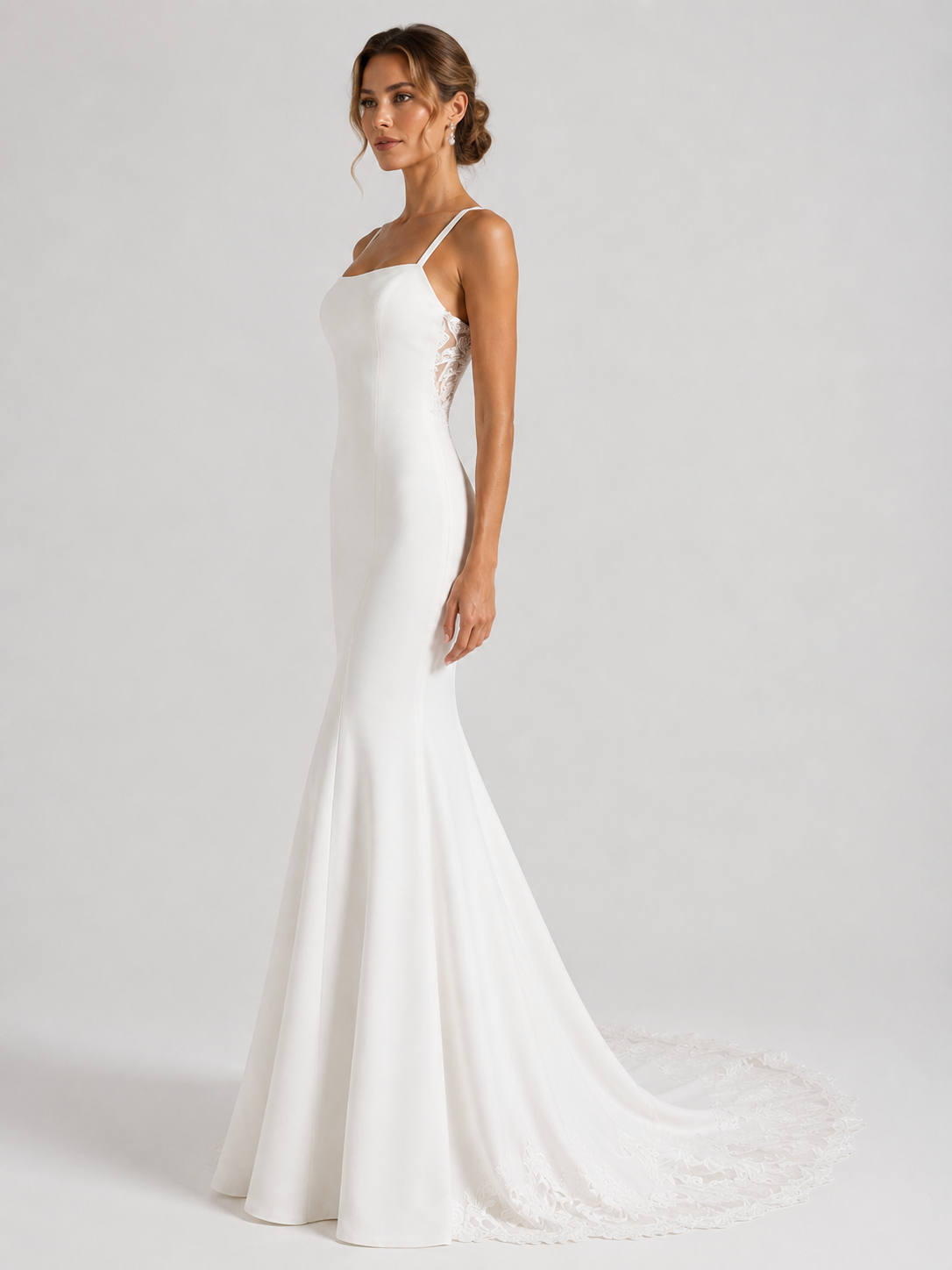 Elegant Spaghetti Strap Satin Sheath Wedding Dress with Lace Illusion Back and Chapel Train