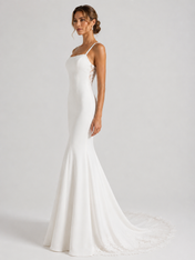 Elegant Spaghetti Strap Satin Sheath Wedding Dress with Lace Illusion Back and Chapel Train