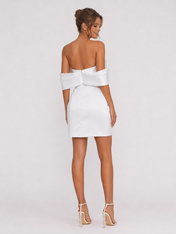 Elegant Off-the-Shoulder Ruched Satin Sheath Mini Wedding Dress