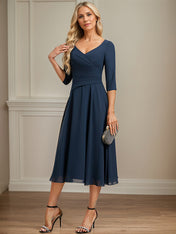 A-line V-Neck Tea-Length Chiffon Mother of the Bride Dress With Pleated
