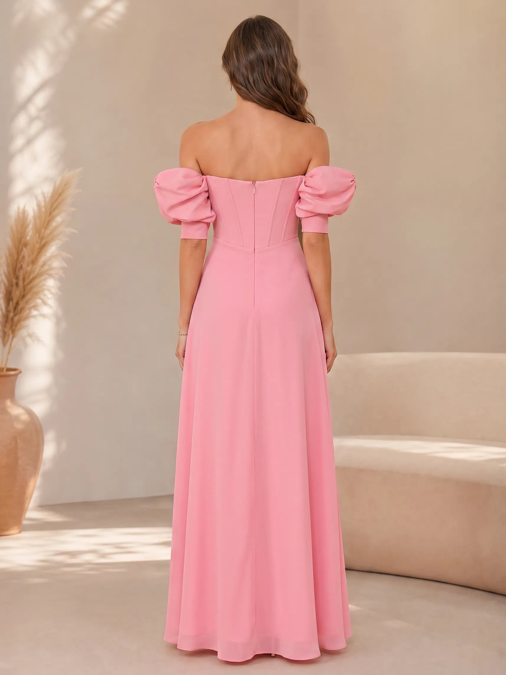 Off-the-Shoulder Corset Slit Column Gown Bridesmaid Dress