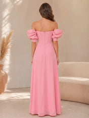 Off-the-Shoulder Corset Slit Column Gown Bridesmaid Dress