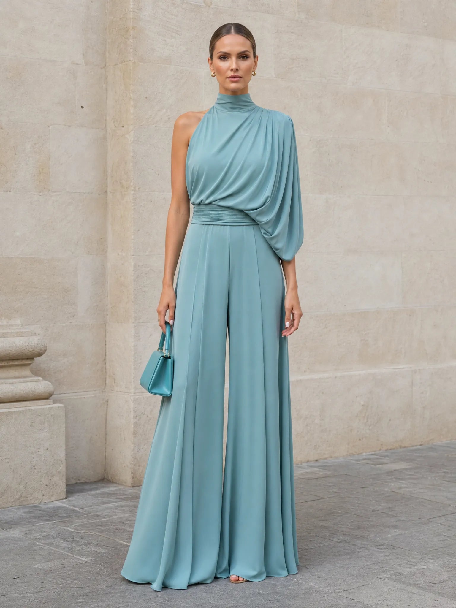 Sage Green One-Shoulder Draped Formal Evening Dress with Wide Legs