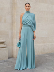 Sage Green One-Shoulder Draped Formal Evening Dress with Wide Legs