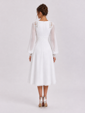 Elegant Long Bishop Sleeve V-Neck Chiffon A-Line Midi Wedding Dress