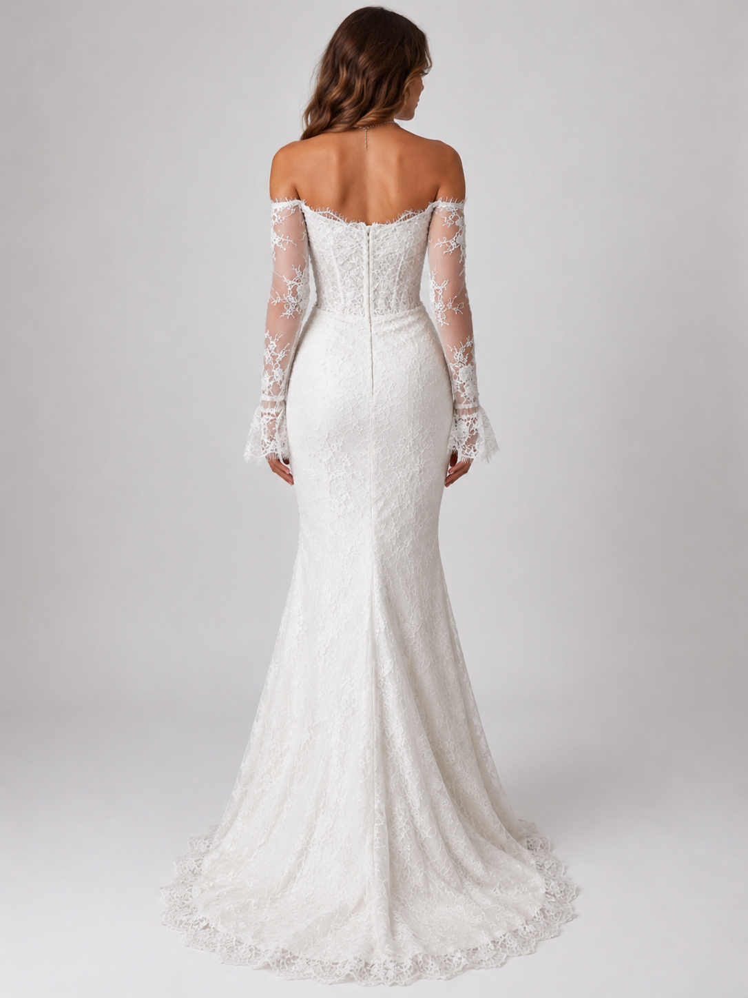 Elegant Off-the-Shoulder Long Sleeve Lace Mermaid Wedding Dress with Sweep Train
