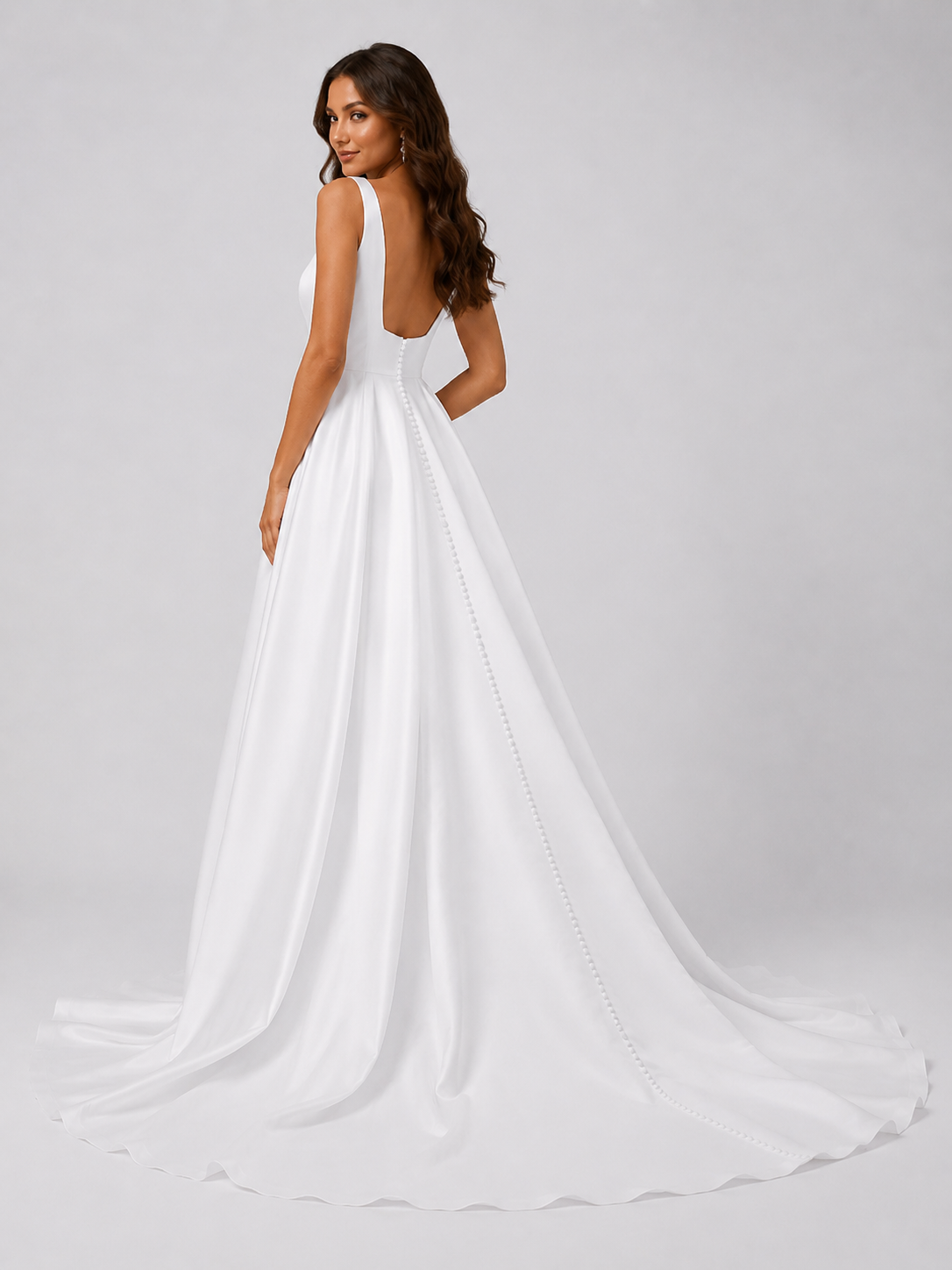 Elegant Square Neckline Satin A-Line Wedding Dress with Low Back and Chapel Train