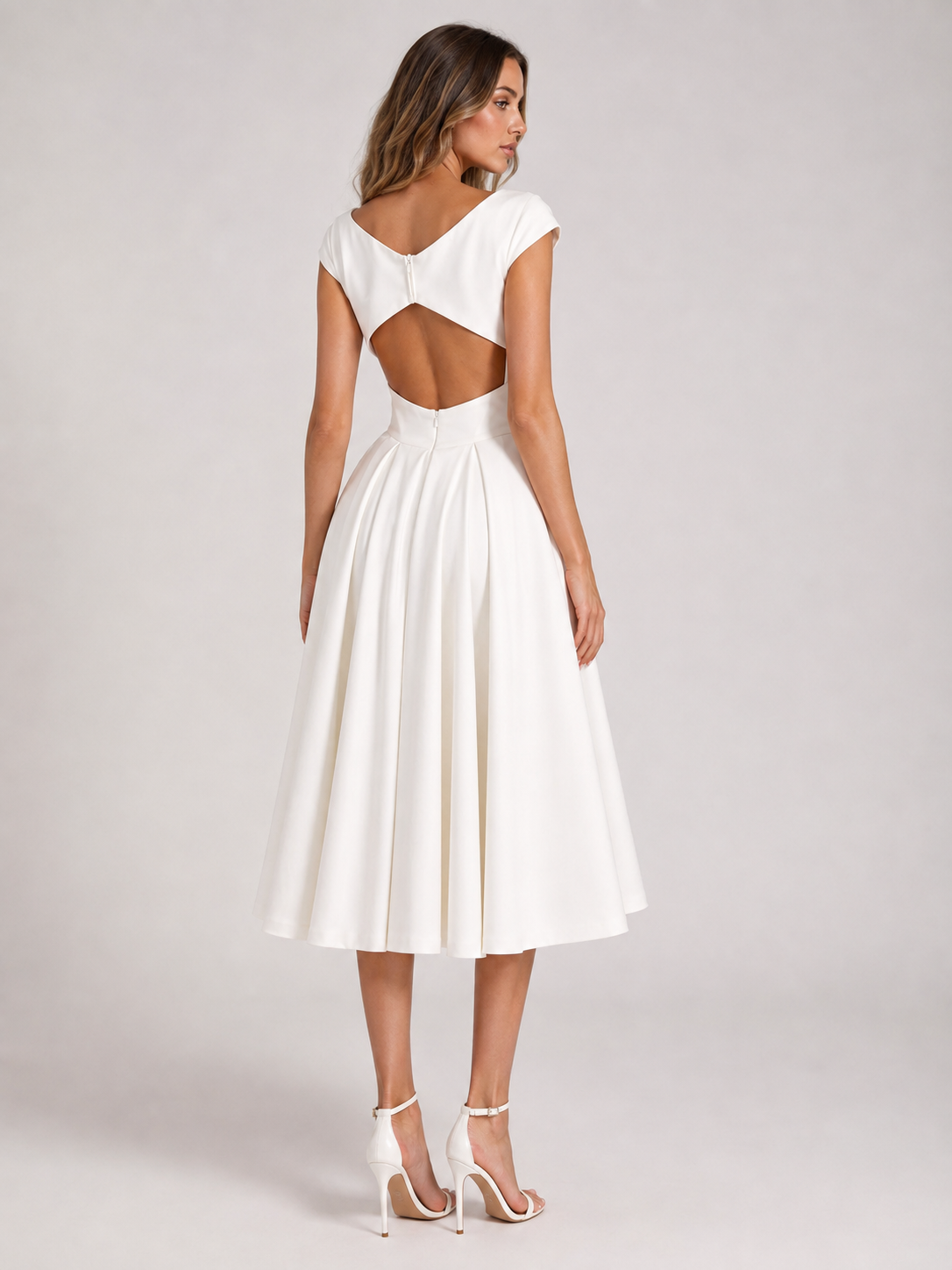 Elegant V-Neck Ruched Satin A-Line Wedding Dress with Open Back and Midi Hem