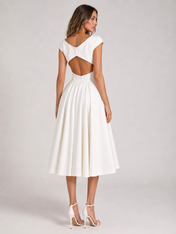 Elegant V-Neck Ruched Satin A-Line Wedding Dress with Open Back and Midi Hem