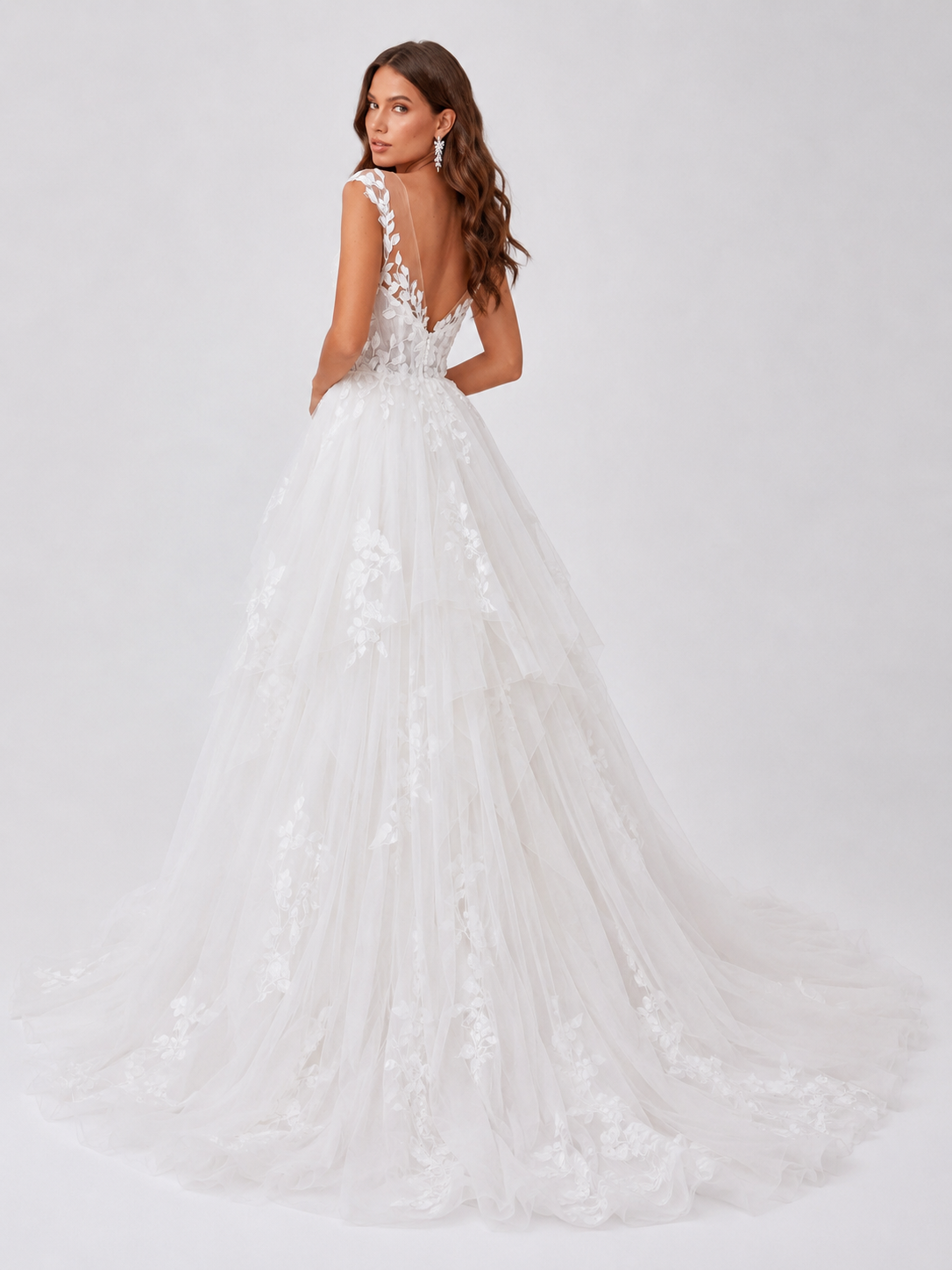 Elegant V-Neck Lace Applique Tulle A-Line Wedding Dress with Sweep Train