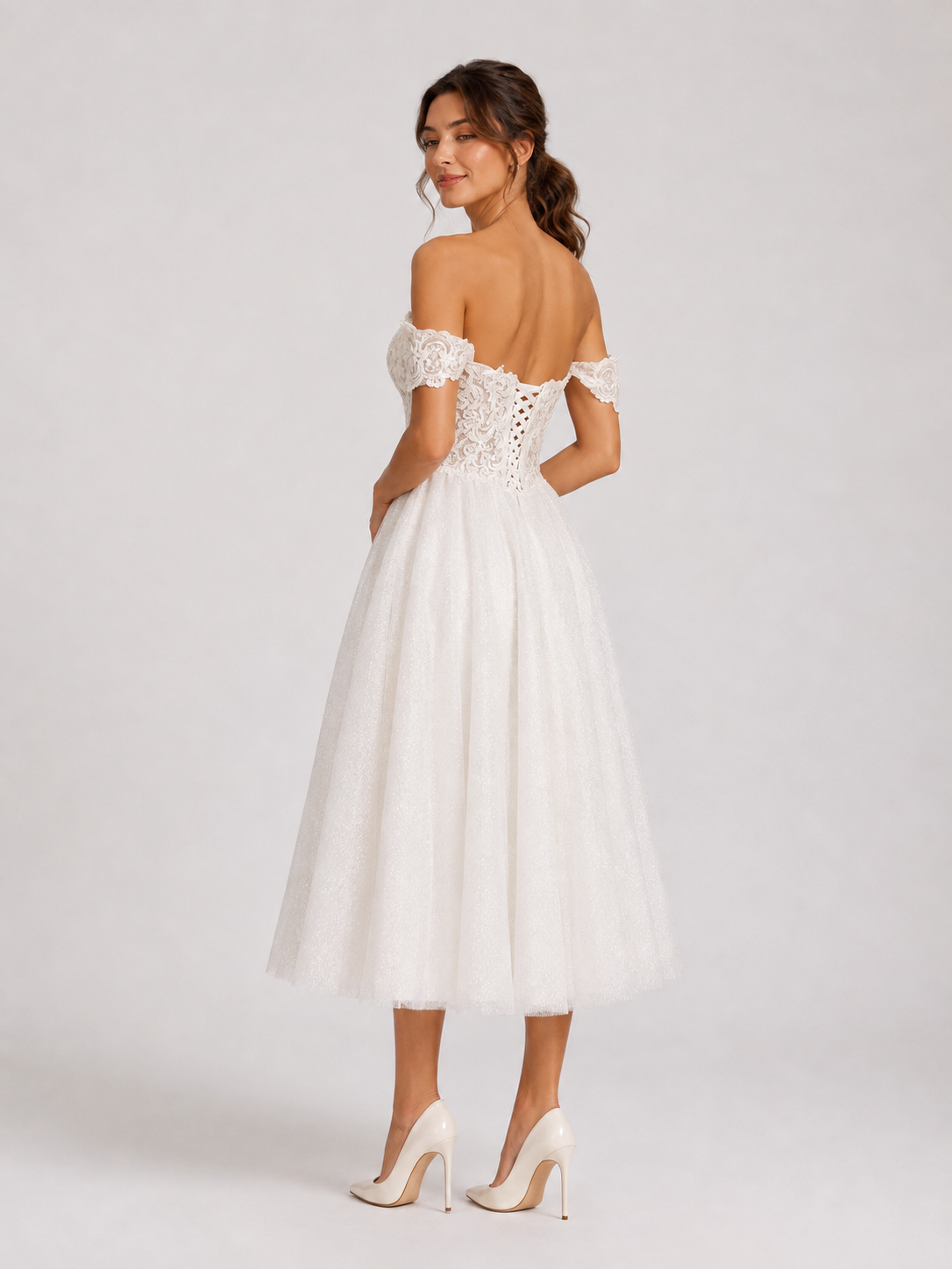 Elegant Off-the-Shelf Lace Bodice Glitter Tulle Midi Wedding Dress with Lace-Up Back