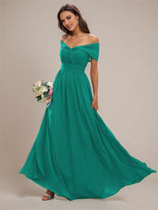 Aqua Blue A-Line Chiffon Ruched Off-the-Shoulder Sleeveless Floor-Length Bridesmaid Dresses