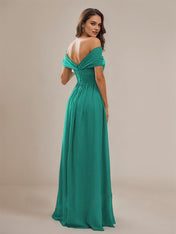 Aqua Blue A-Line Chiffon Ruched Off-the-Shoulder Sleeveless Floor-Length Bridesmaid Dresses
