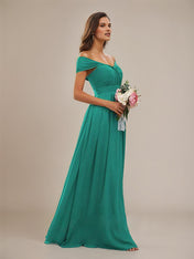 Aqua Blue A-Line Chiffon Ruched Off-the-Shoulder Sleeveless Floor-Length Bridesmaid Dresses